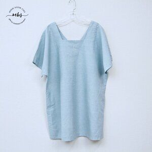 BLQ Square Neck Short Sleeve Hidden Pockets‎ Cotton Mini Dress Blue Women Plus 1